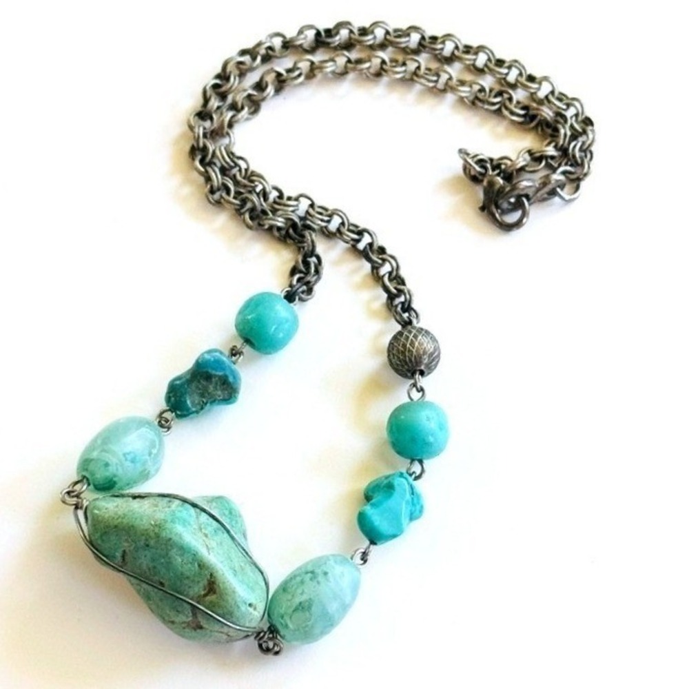 Necklace Natural stone blue Turquoise silver chain beads BOHO Beaded Collar‎ 18"